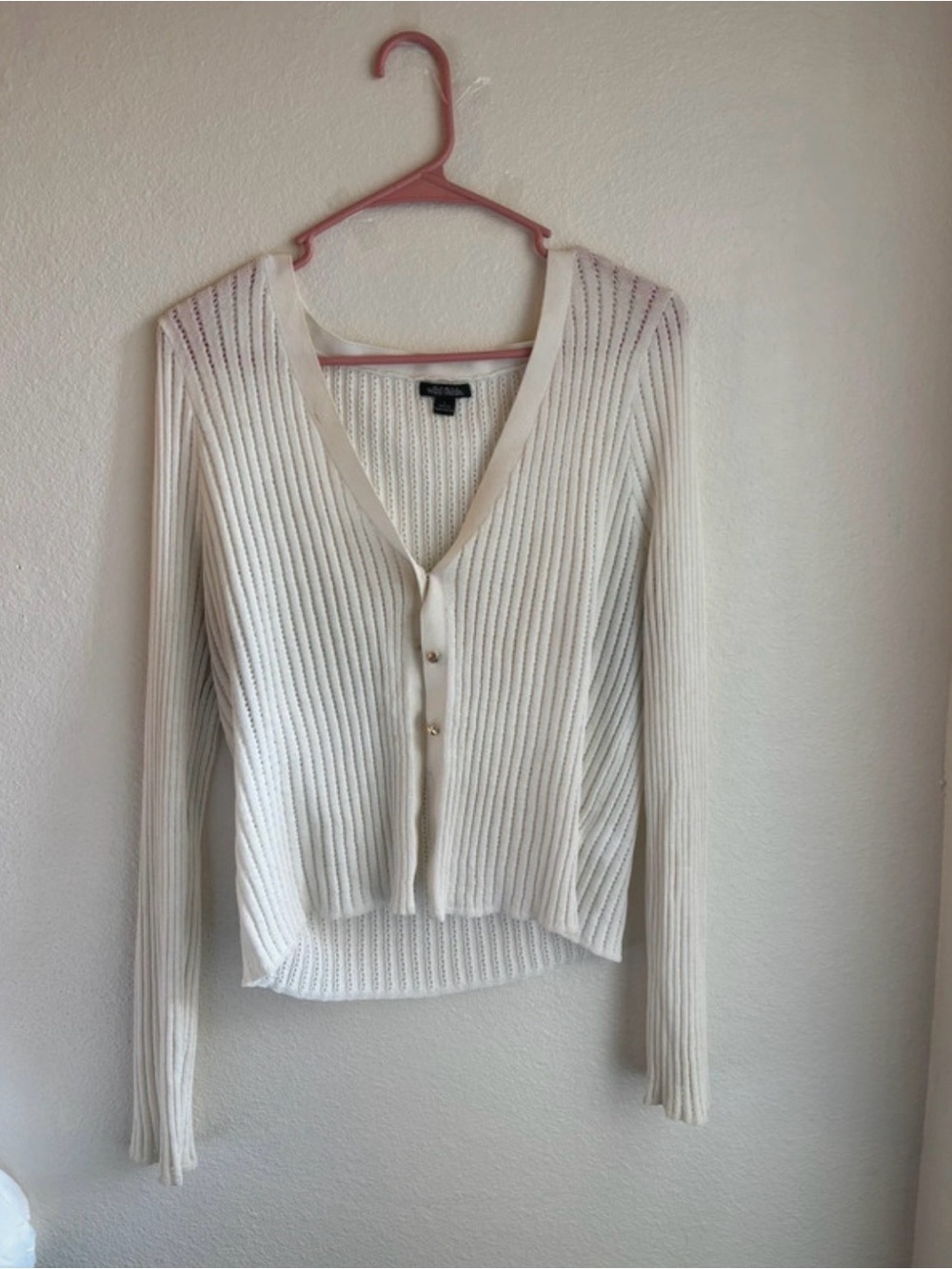 Wild Fable White Ribbed Knit Cardigan Sweater Large Button Front Cropped V-Neck